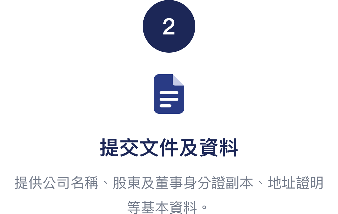 步驟 2：提交文件及資料 — 提供公司名稱、股東及董事身分證副本、地址證明等基本資料。